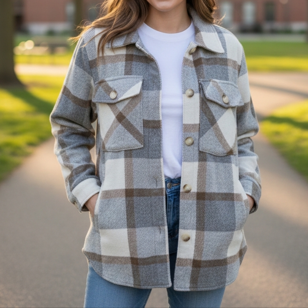 Blank NYC Plaid Utility Jacket in Gray‎ and Tan